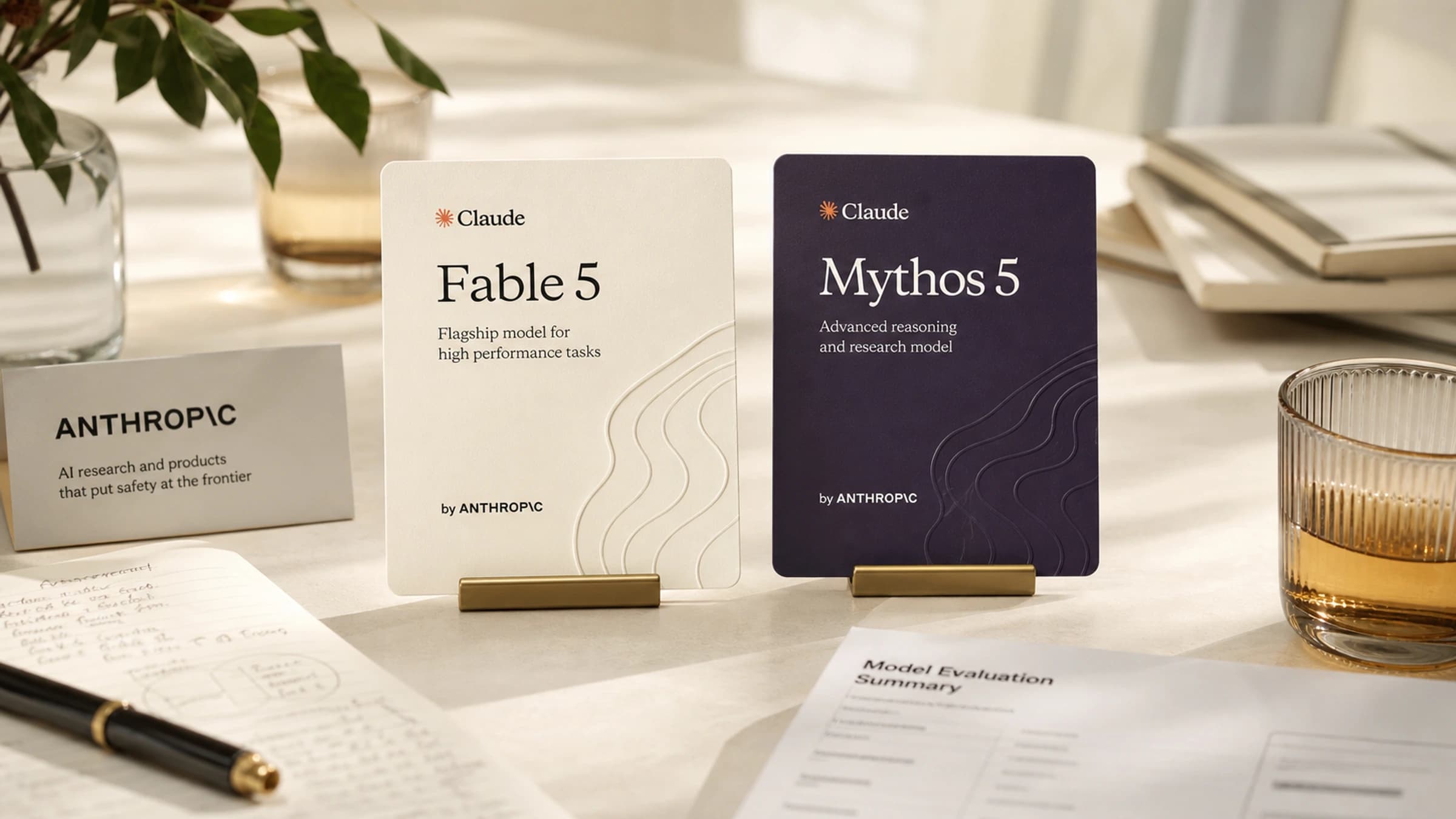 Premium product-launch composition with Claude Fable 5 and Mythos 5 model cards on a warm studio desk.