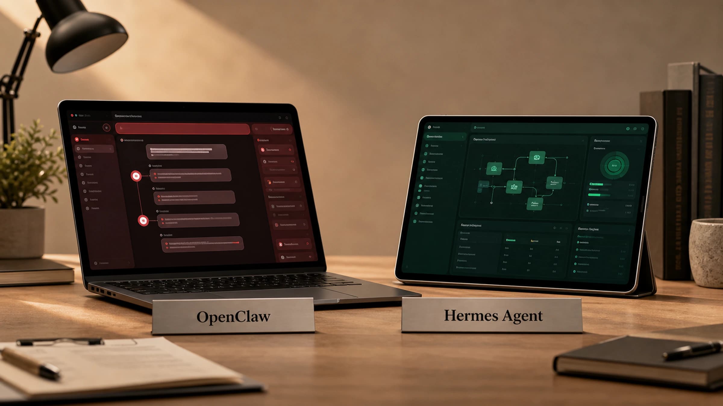 Professional comparison scene with two devices representing OpenClaw and Hermes Agent workflows.