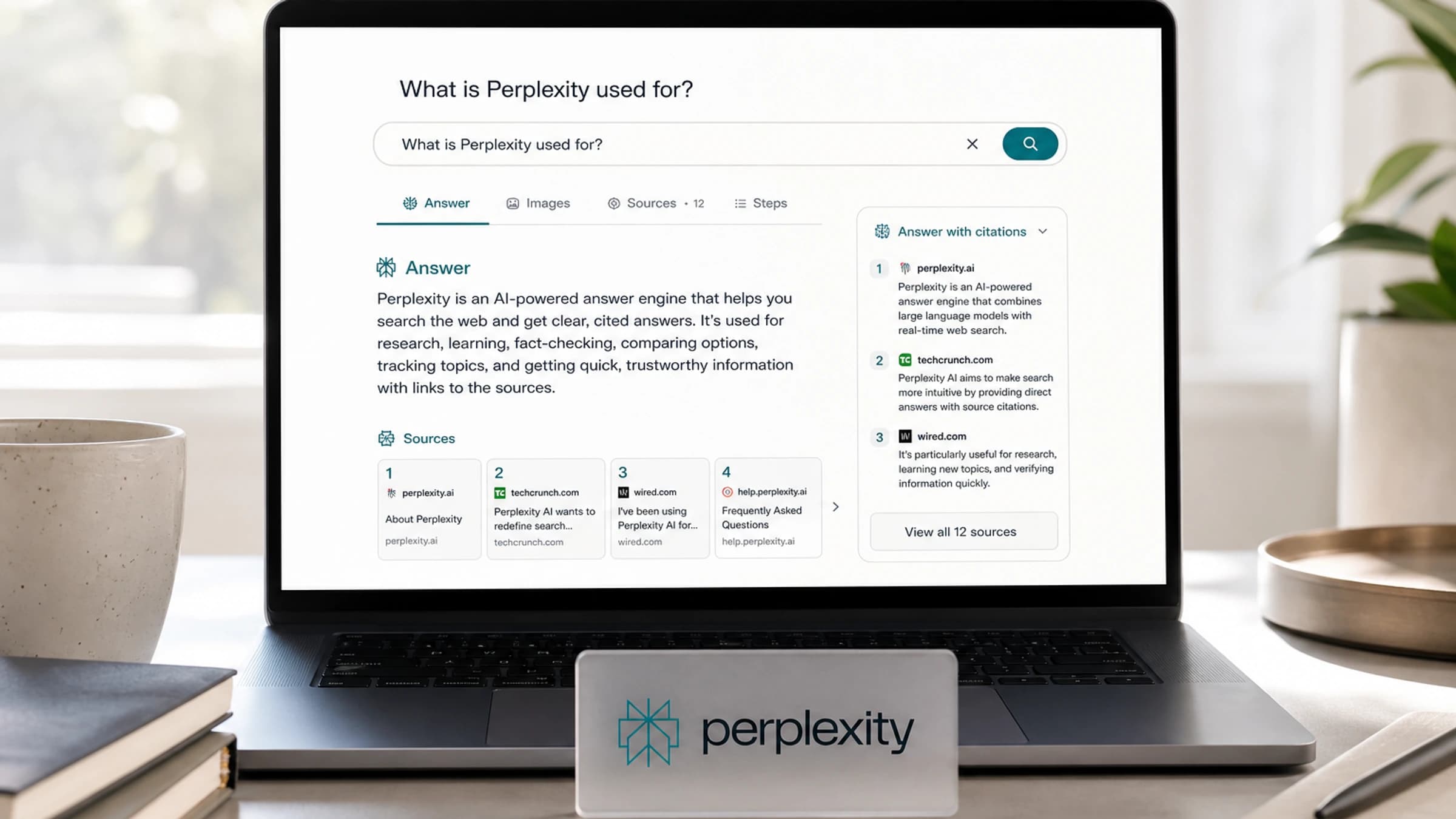 Bright editorial AI-search scene with Perplexity-style answer engine, source cards and citation workflow.
